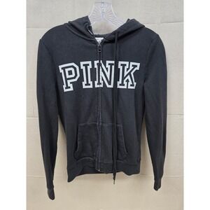 Victoria's Secret PINK Full Zip Hoodie Black White Logo Sweatshirt Womens XS